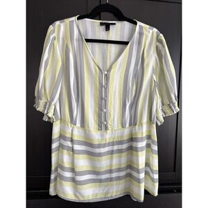 Elastic Waist Button Up Puff Sleeve Viscose Black/White/Lime‎ Green Print Top 16